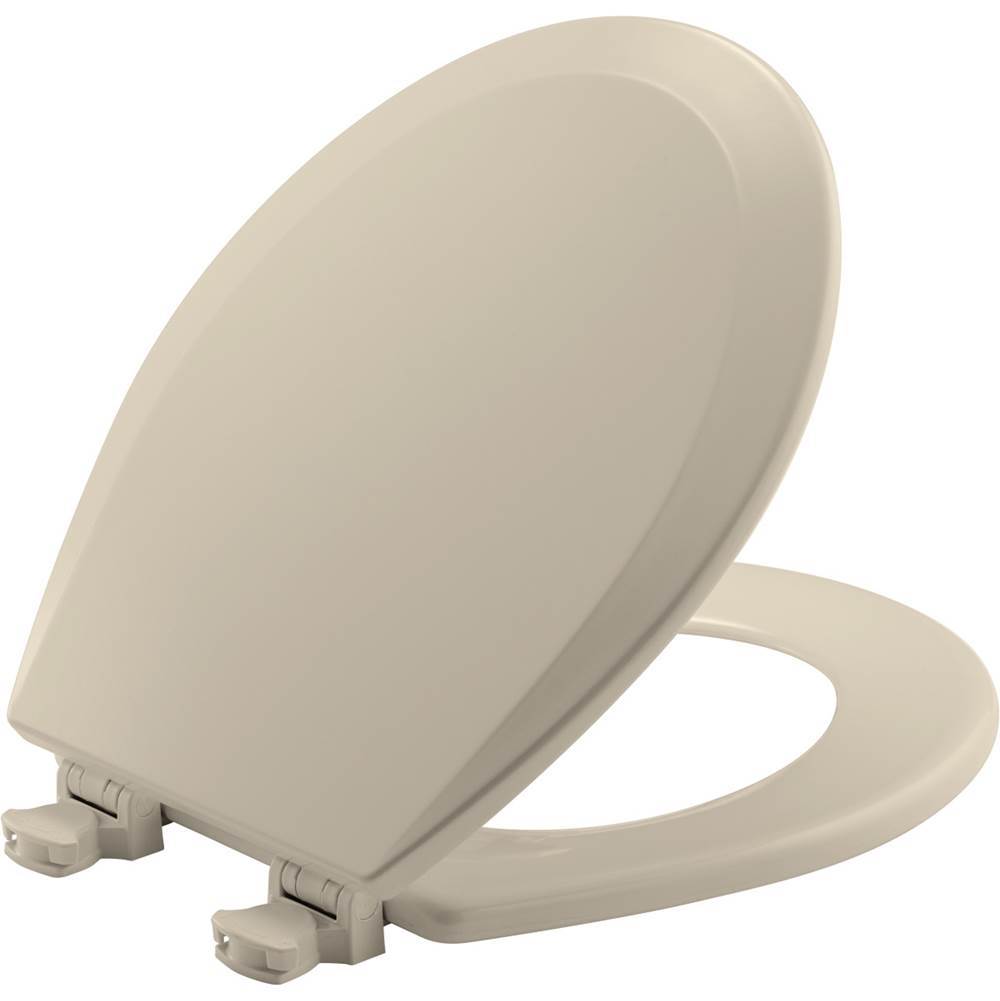 Bemis Round Enameled Wood Toilet Seat in Almond with Easy-Clean and Change Hinge
